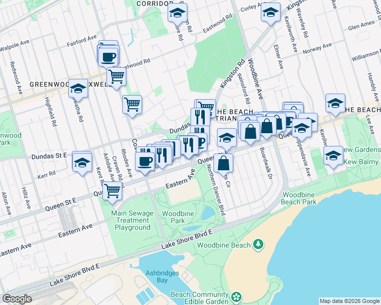 map of restaurants, bars, coffee shops, grocery stores, and more near 4 Kingston Road in Toronto