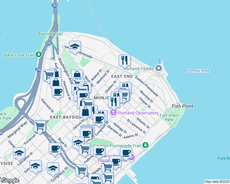 map of restaurants, bars, coffee shops, grocery stores, and more near 41 Merrill Street in Portland