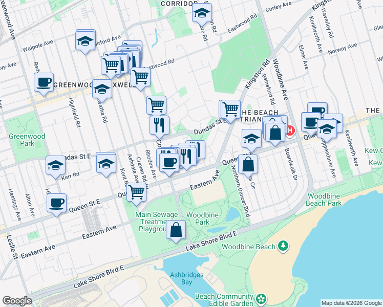 map of restaurants, bars, coffee shops, grocery stores, and more near 50 Battenberg Avenue in Toronto