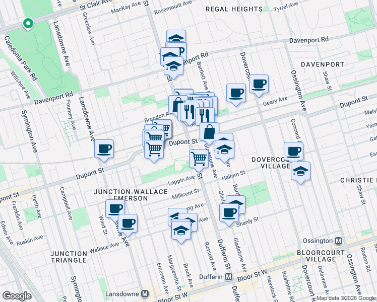 map of restaurants, bars, coffee shops, grocery stores, and more near 1185 Dupont Street in Toronto