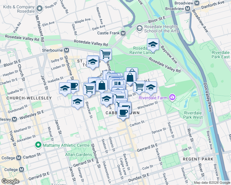 map of restaurants, bars, coffee shops, grocery stores, and more near 586 Parliament Street in Toronto