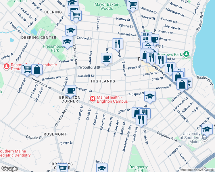 map of restaurants, bars, coffee shops, grocery stores, and more near 80 Highland Street in Portland