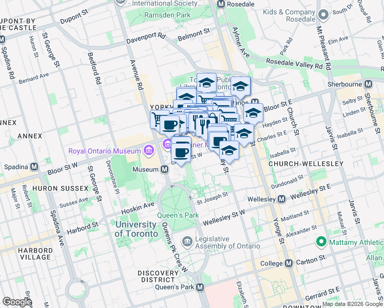map of restaurants, bars, coffee shops, grocery stores, and more near 110 Charles Street West in Toronto