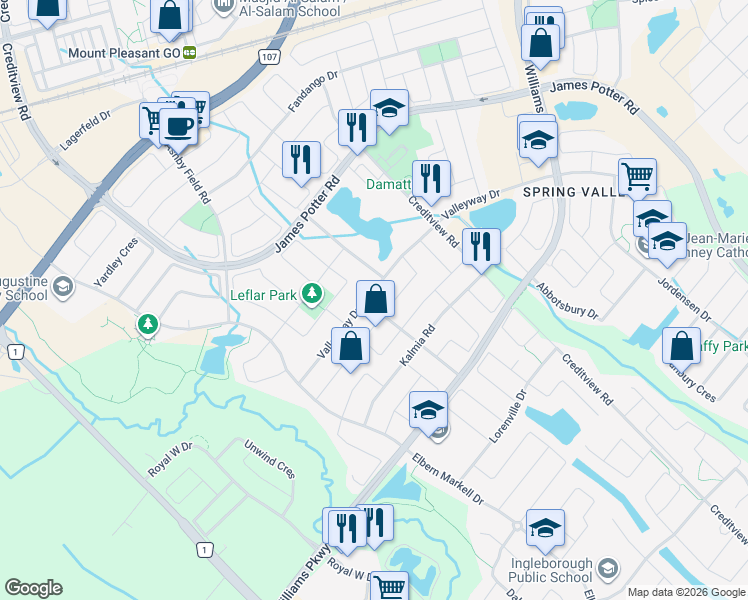 map of restaurants, bars, coffee shops, grocery stores, and more near 27 Brentwick Drive in Brampton