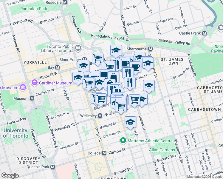 map of restaurants, bars, coffee shops, grocery stores, and more near 608 Church Street in Toronto