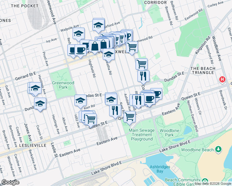 map of restaurants, bars, coffee shops, grocery stores, and more near 88 Kent Road in Toronto