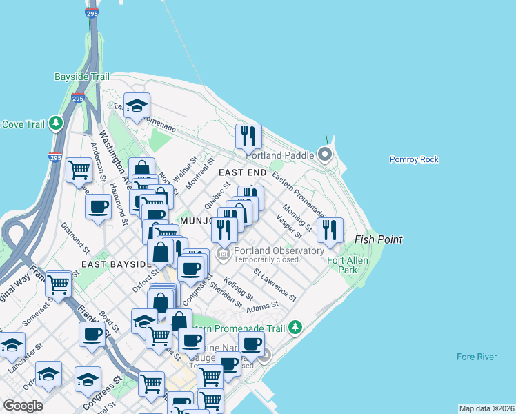 map of restaurants, bars, coffee shops, grocery stores, and more near 10A Emerson Street in Portland