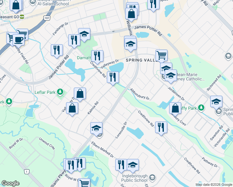map of restaurants, bars, coffee shops, grocery stores, and more near 5 Dillon Drive in Brampton