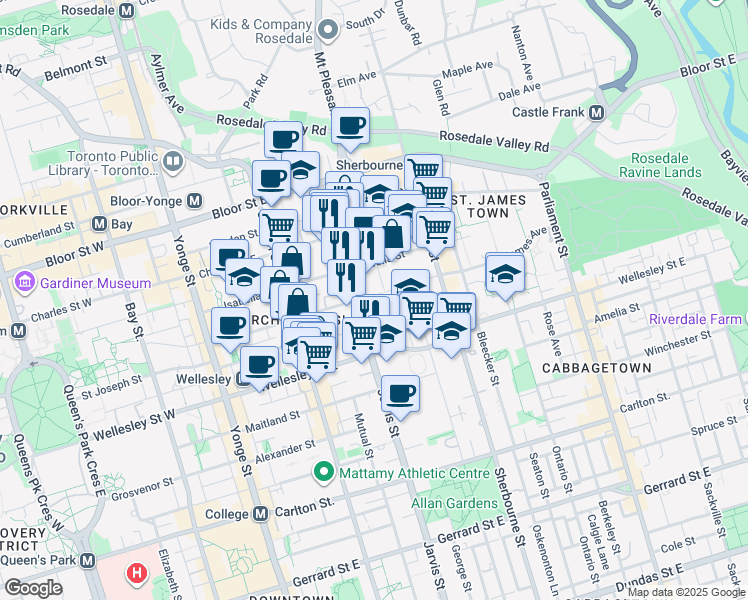 map of restaurants, bars, coffee shops, grocery stores, and more near 125 Earl Place in Toronto