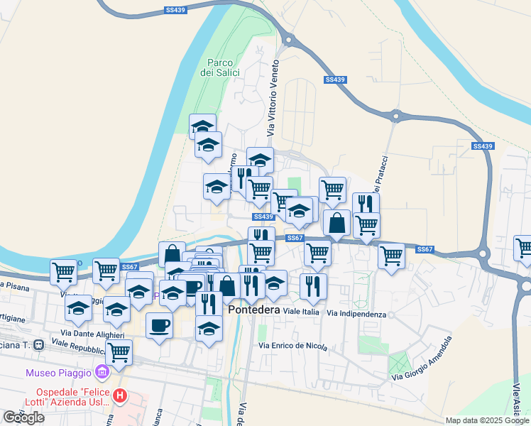 map of restaurants, bars, coffee shops, grocery stores, and more near 178 Via Vittorio Veneto in Pontedera