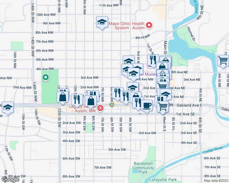 map of restaurants, bars, coffee shops, grocery stores, and more near 204 6th Street Northwest in Austin