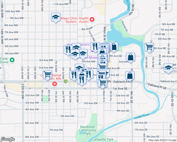 map of restaurants, bars, coffee shops, grocery stores, and more near 209 2nd Street Northwest in Austin