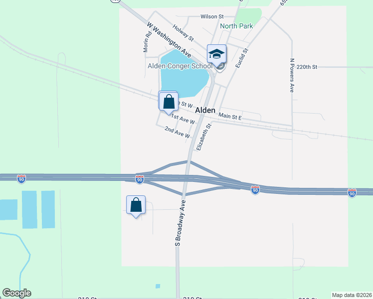 map of restaurants, bars, coffee shops, grocery stores, and more near 388 South Broadway Avenue in Alden