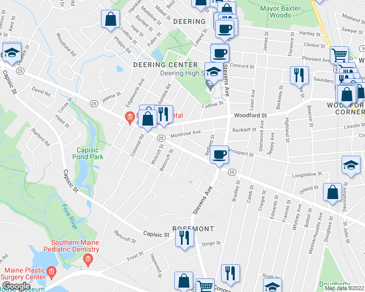 map of restaurants, bars, coffee shops, grocery stores, and more near 3 Fellows Street in Portland