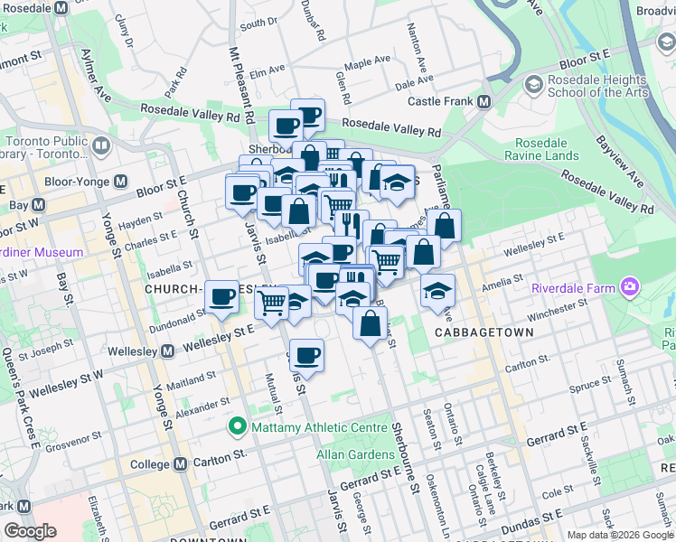 map of restaurants, bars, coffee shops, grocery stores, and more near 500 Sherbourne Street in Toronto