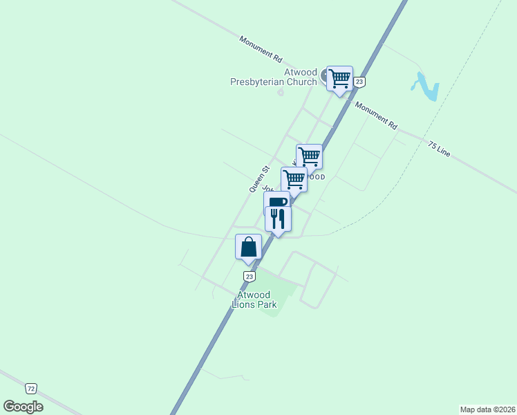 map of restaurants, bars, coffee shops, grocery stores, and more near 210 King Street in Atwood