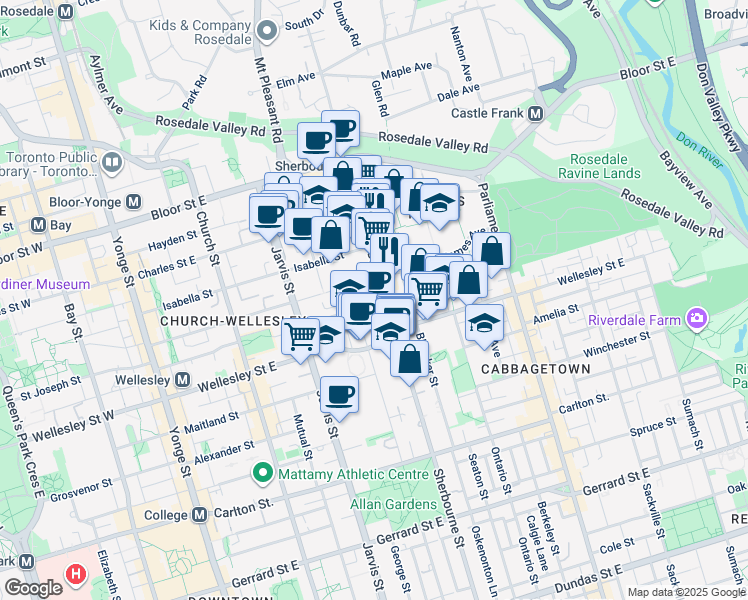 map of restaurants, bars, coffee shops, grocery stores, and more near 501 Sherbourne Street in Toronto