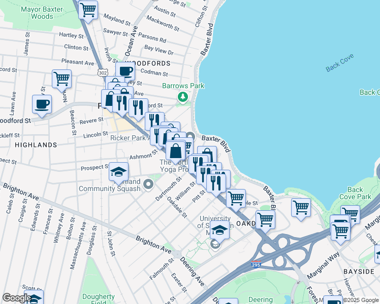 map of restaurants, bars, coffee shops, grocery stores, and more near 9 Ricker Park in Portland