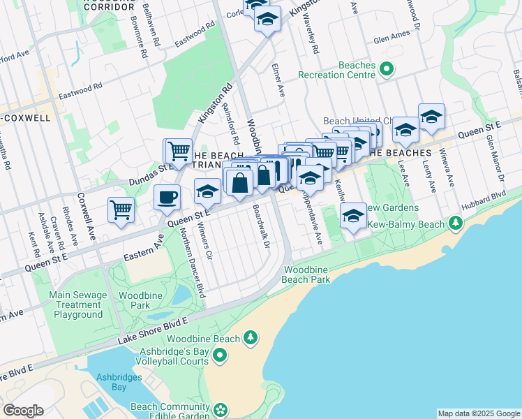 map of restaurants, bars, coffee shops, grocery stores, and more near 183 Boardwalk Drive in Toronto