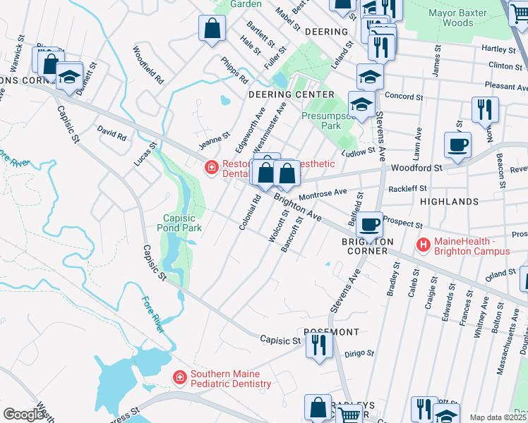 map of restaurants, bars, coffee shops, grocery stores, and more near 21 Fleetwood Street in Portland