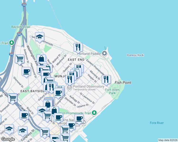 map of restaurants, bars, coffee shops, grocery stores, and more near in Portland