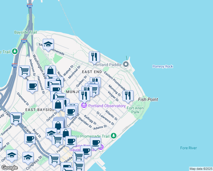 map of restaurants, bars, coffee shops, grocery stores, and more near in Portland