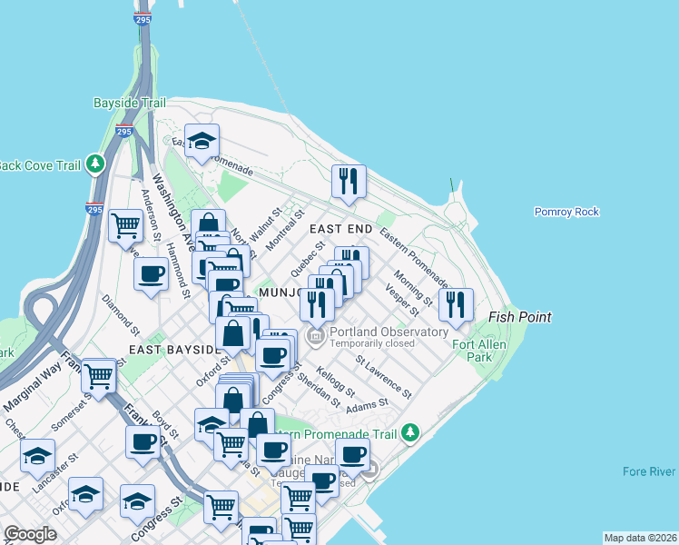 map of restaurants, bars, coffee shops, grocery stores, and more near 16 Emerson Street in Portland