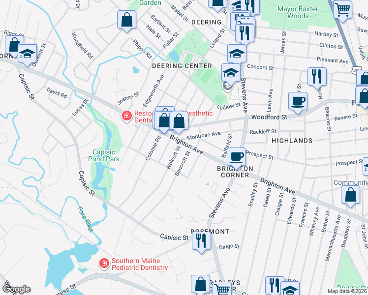 map of restaurants, bars, coffee shops, grocery stores, and more near 540 Brighton Avenue in Portland