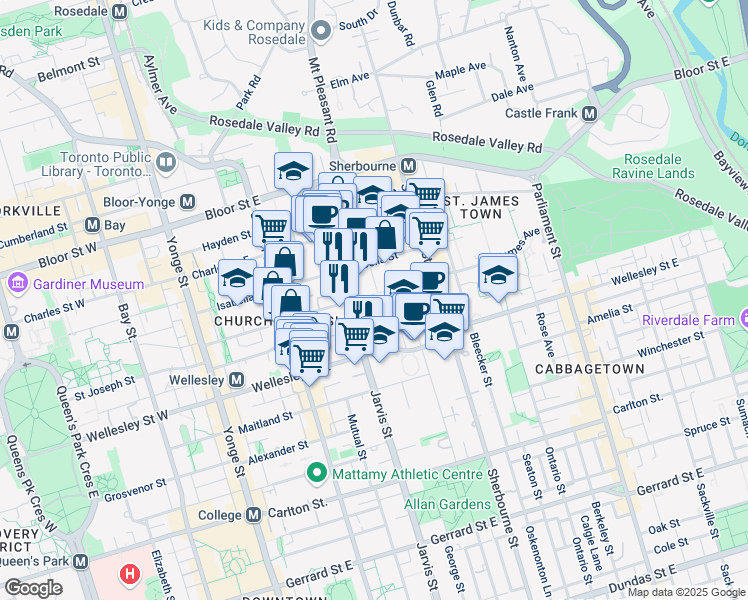map of restaurants, bars, coffee shops, grocery stores, and more near 514 Jarvis Street in Toronto