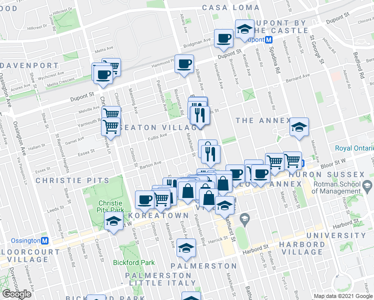 map of restaurants, bars, coffee shops, grocery stores, and more near 747 Palmerston Avenue in Toronto