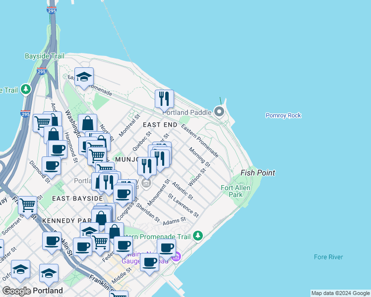map of restaurants, bars, coffee shops, grocery stores, and more near 42 Congress Street in Portland