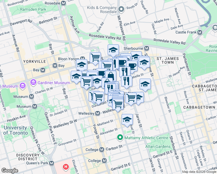 map of restaurants, bars, coffee shops, grocery stores, and more near 608 Church Street in Toronto