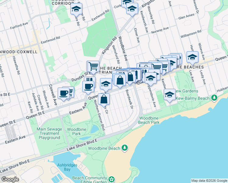 map of restaurants, bars, coffee shops, grocery stores, and more near 1797 Queen Street East in Toronto