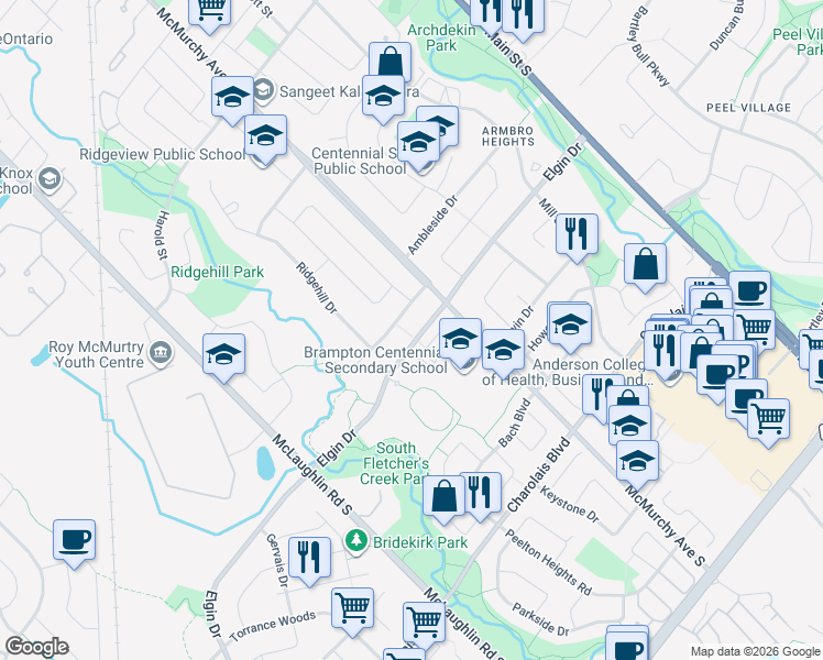 map of restaurants, bars, coffee shops, grocery stores, and more near 108 Elgin Drive in Brampton