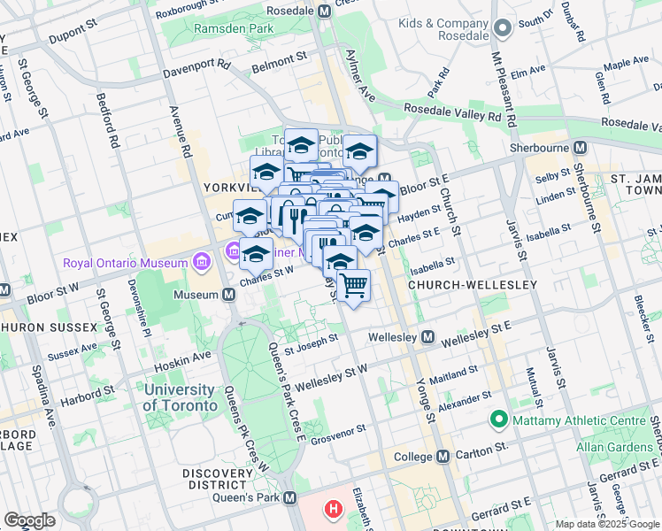 map of restaurants, bars, coffee shops, grocery stores, and more near 1121 Bay Street in Toronto