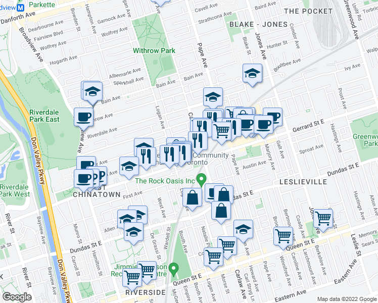 map of restaurants, bars, coffee shops, grocery stores, and more near 187 Simpson Avenue in Toronto