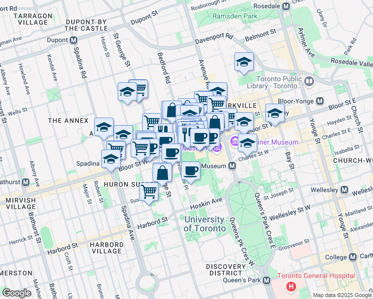 map of restaurants, bars, coffee shops, grocery stores, and more near Bloor St W & Bedford Rd in Toronto
