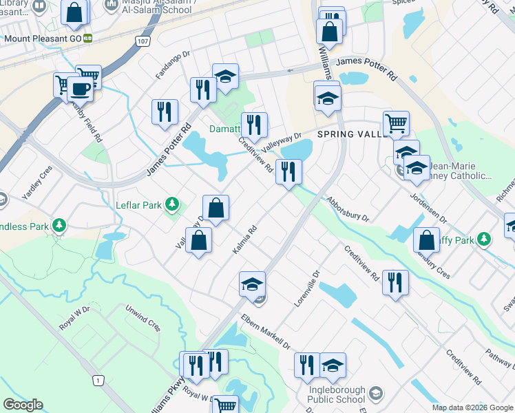 map of restaurants, bars, coffee shops, grocery stores, and more near 31 Walbrook Road in Brampton