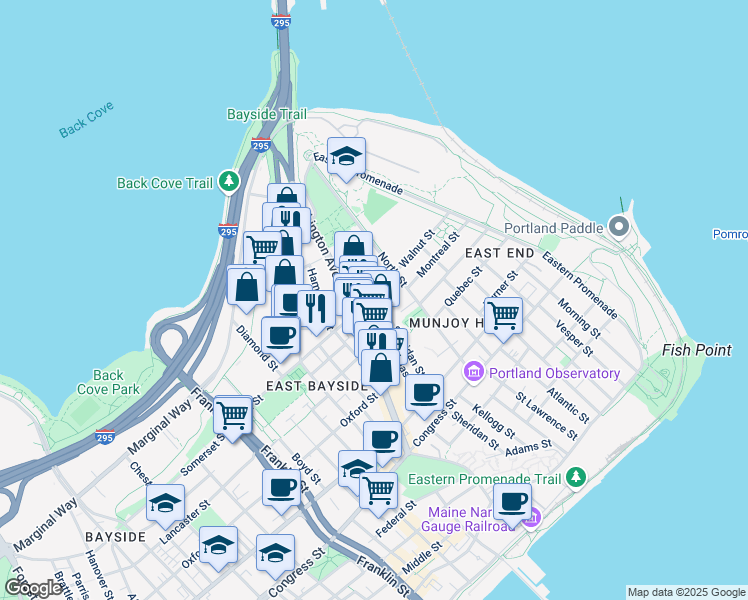 map of restaurants, bars, coffee shops, grocery stores, and more near 191 Sheridan Street in Portland