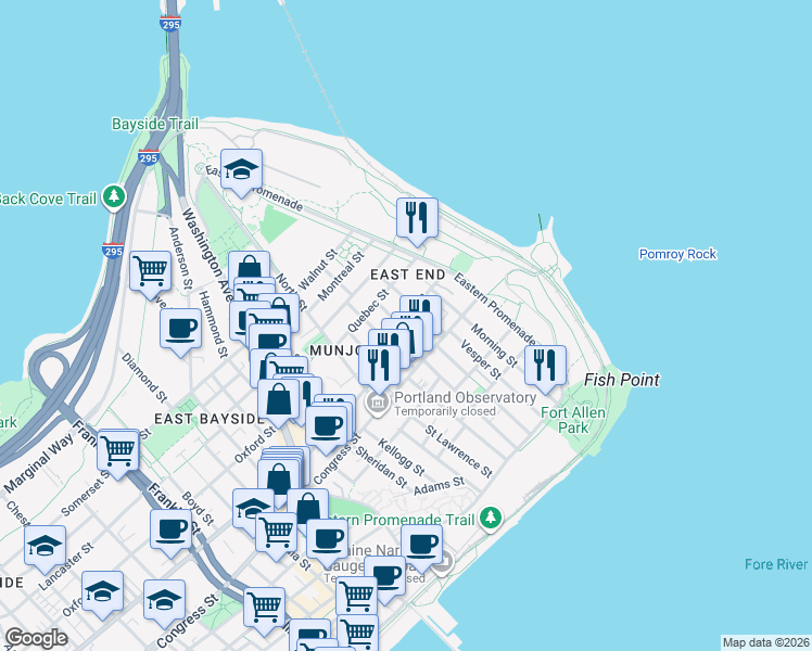 map of restaurants, bars, coffee shops, grocery stores, and more near 16 Emerson Street in Portland