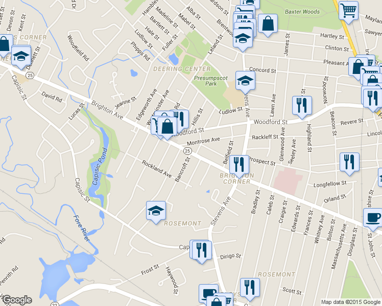 map of restaurants, bars, coffee shops, grocery stores, and more near Brighton Ave & Bancroft St in Portland
