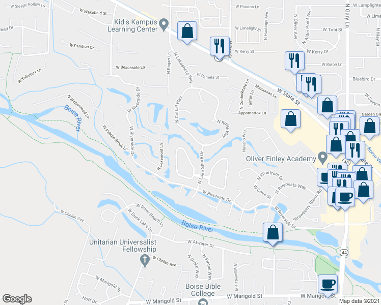 map of restaurants, bars, coffee shops, grocery stores, and more near 5248 North Blackbird Way in Garden City