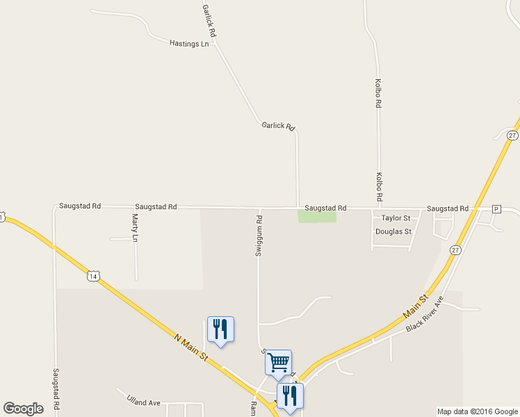 map of restaurants, bars, coffee shops, grocery stores, and more near Saugstad Road in Westby