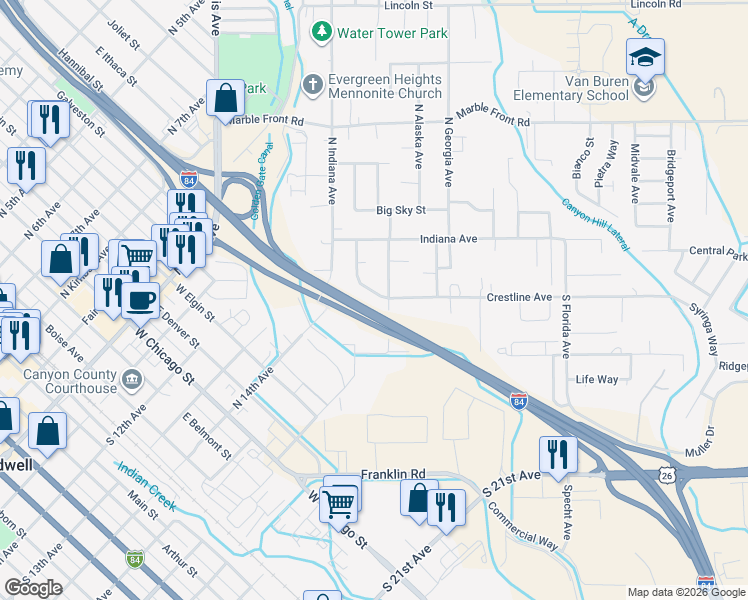 map of restaurants, bars, coffee shops, grocery stores, and more near 216 Crestline Avenue in Caldwell