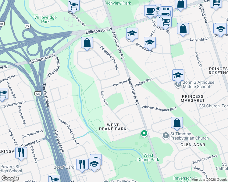 map of restaurants, bars, coffee shops, grocery stores, and more near 8 Storey Crescent in Toronto