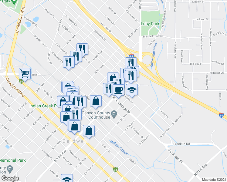map of restaurants, bars, coffee shops, grocery stores, and more near 909 East Chicago Street in Caldwell