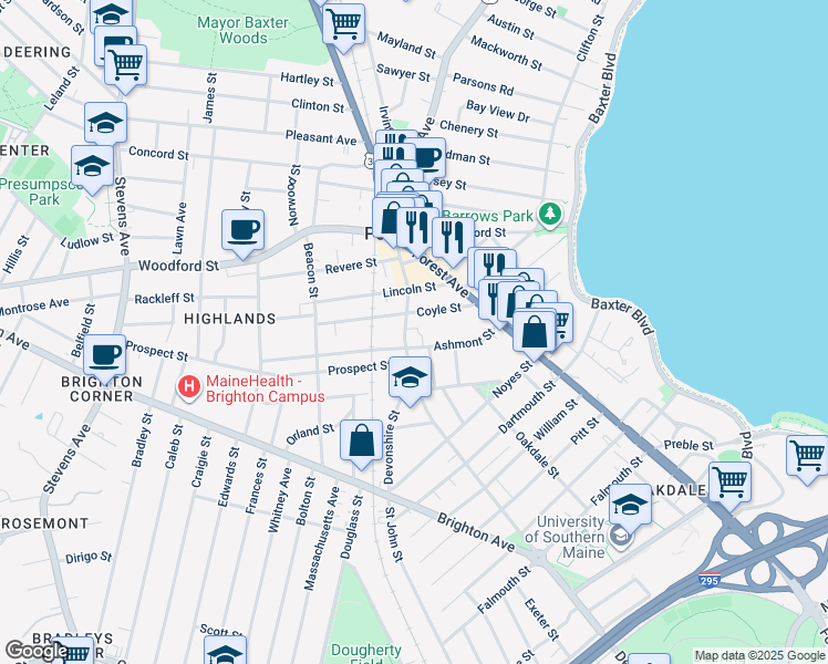 map of restaurants, bars, coffee shops, grocery stores, and more near 471 Deering Avenue in Portland