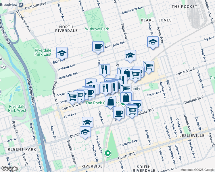 map of restaurants, bars, coffee shops, grocery stores, and more near 515 Logan Avenue in Toronto