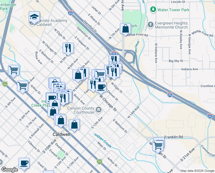 map of restaurants, bars, coffee shops, grocery stores, and more near 504 North 10th Avenue in Caldwell
