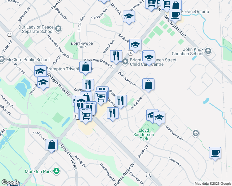 map of restaurants, bars, coffee shops, grocery stores, and more near Francis Lundy Street in Brampton
